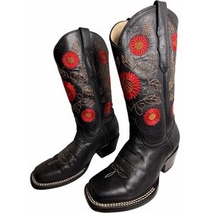 El General Sunflower Embroidered Western Cowboy Boots Black Leather Womens 6
